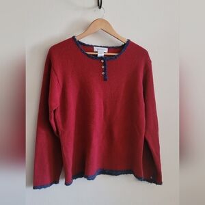 Vtg Susan Bristol 3 Button Pullover Sweater, Women's XL, Red with Blue Trim